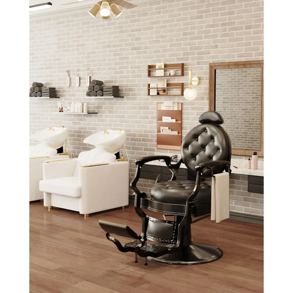 All Black Classic Barber Chair, Retro Reclining Barber Chair with Removable Headrest, Vintage Barber Chair with Heavy-Duty Steel