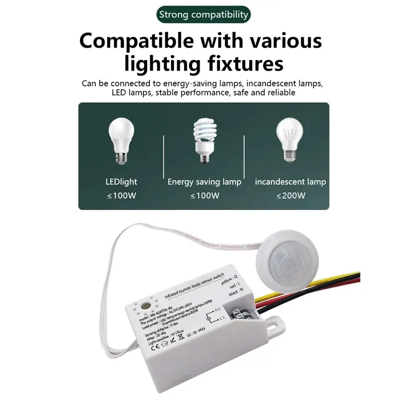 AC/DC24V-265V PIR Infrared Body Motion Sensor Switch Auto LED Lamp Control Delay Timer Switch for Smart Home Lighting Adjustable