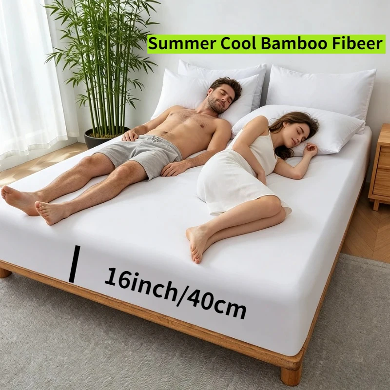 1PC Cool Breathable Bamboo Fiber Fitted Sheet, 70% Microfiber+30% Bamboo Blend, 360° Elastic Deep Pocket, Soft Mattress Cover