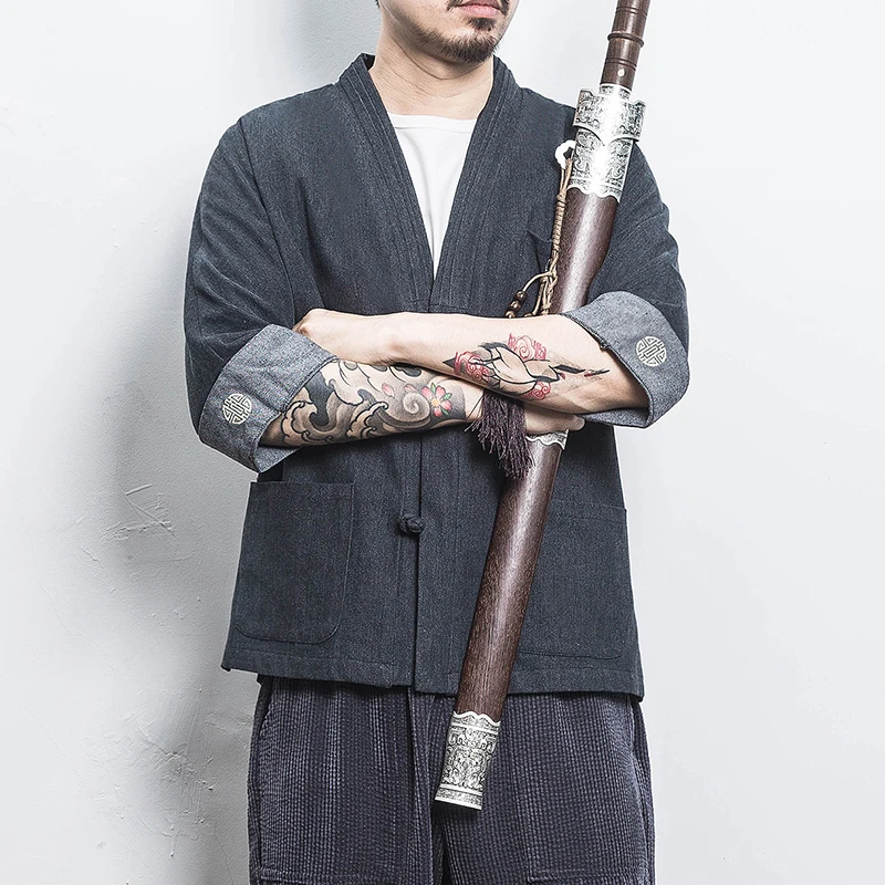 

Men's Chinese Sle Rvated Hanfu Denim Jaet Button Cardigan Casual Slim Fit Cotton Summer Faion Urban Wear