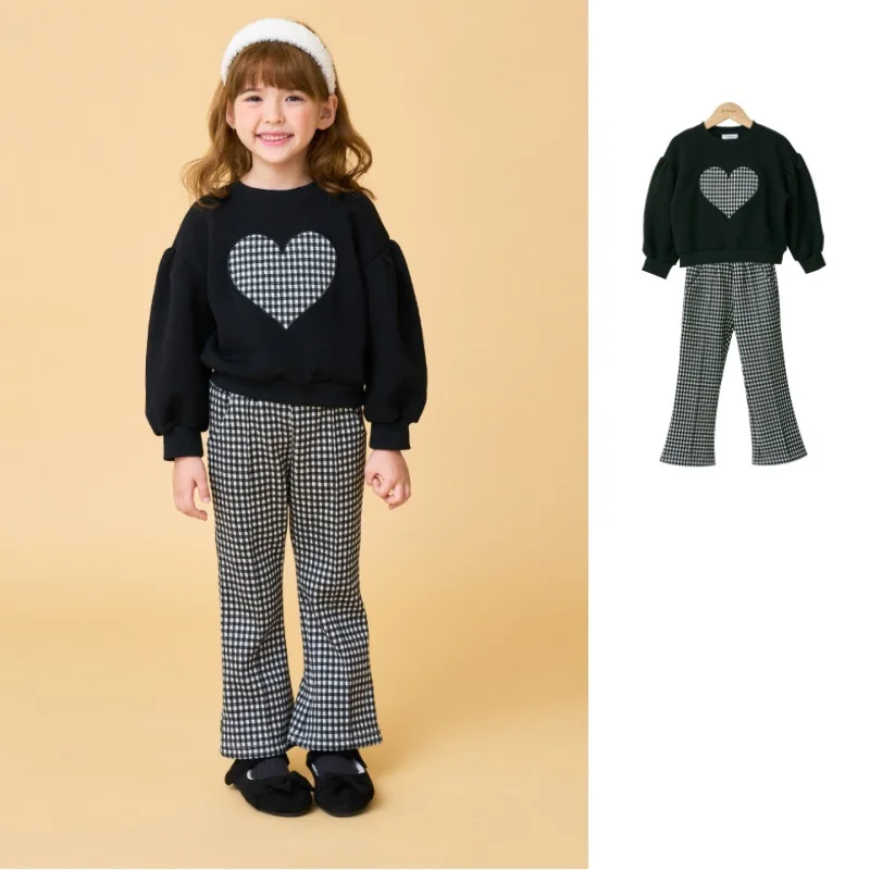 

Girls Sweater Set 2024 Winter New Cartoon Fashion Cute Children Sweater Cotton Plaid Flared Pants Two-piece Children's Clothing