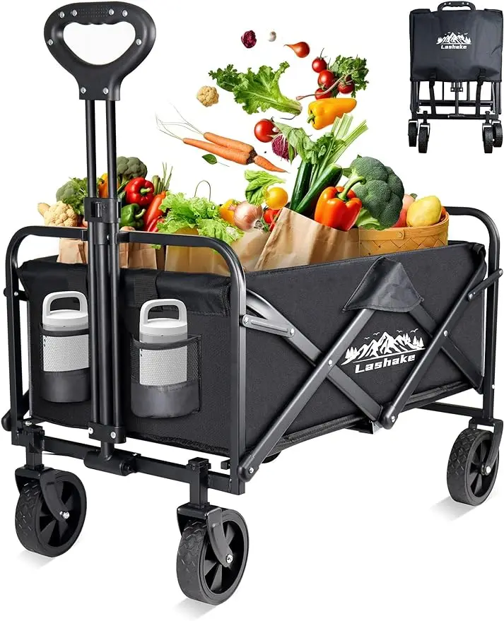 

Collapsible Wagon Carts Foldable Heavy Duty Beach Folding Wagon Cart with Wheels Large Capacity Portable Utility Grocery Wagon