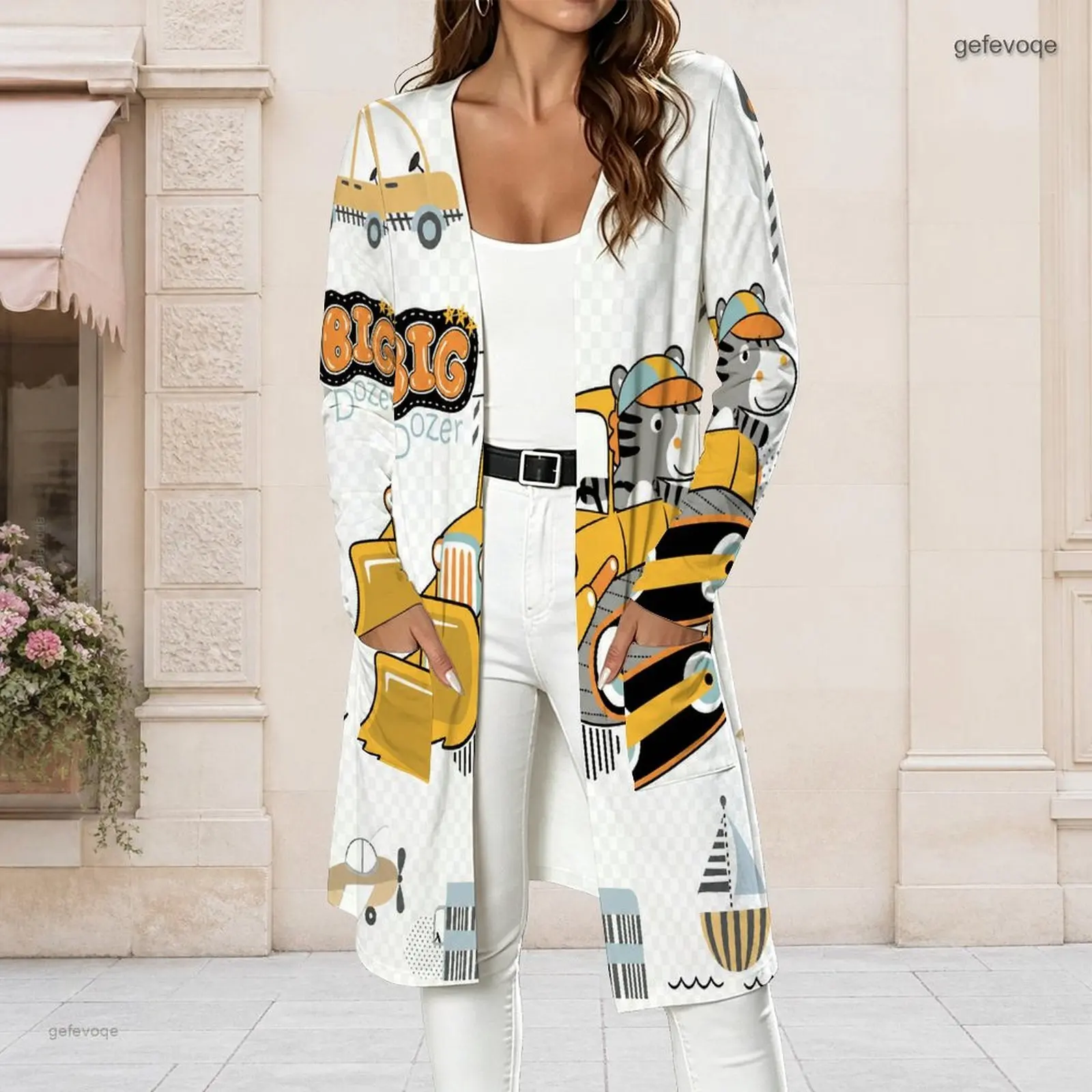 Women Long Sleeve Open Front Longline Cardigan Cartoon Zebra Vehicle Print White Outerwear