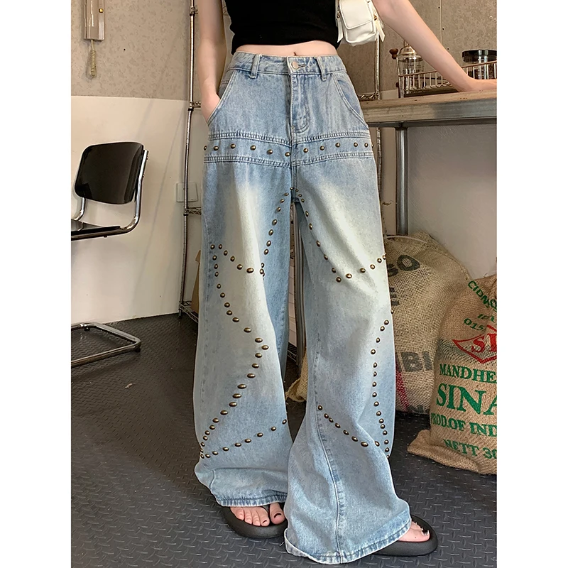 American Style Baggy Jeans Rivet High Waist Denim Pants Women Y2K Loose Casual Cargo Pants Chic Wash Jeans Girls Blue Trousers