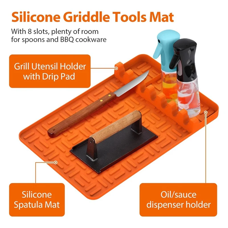 Silicone Griddle Tools Mat Griddle Tools Mat With Drip Pad,Side Shelf Mat Grill Utensils Holder Griddle Accessories