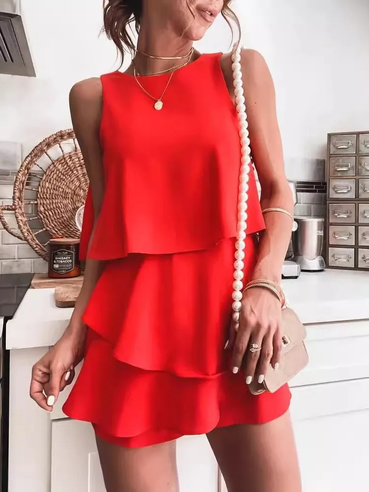 Irregular Layered Sleeveless Short Jumpsuits Women Fashion Solid Color O Neck Shorts Jumpsuit Spring Summer New Female Clothing