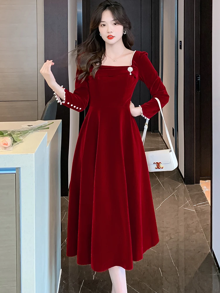 Autumn Winter Red Velvet Beading Sexy Midi Dress Women Chic Prom Luxury Party Evening Vestidos 2024 Korean Elegant Wedding Dress