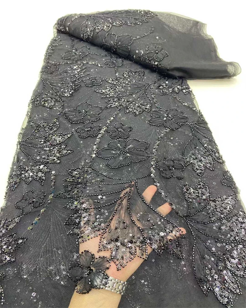 2025年アフリカナイジェリアファッション、ビーズ刺繍レース、高級フランススパンコールネットレース生地、ウェディングパーティードレス、女性用