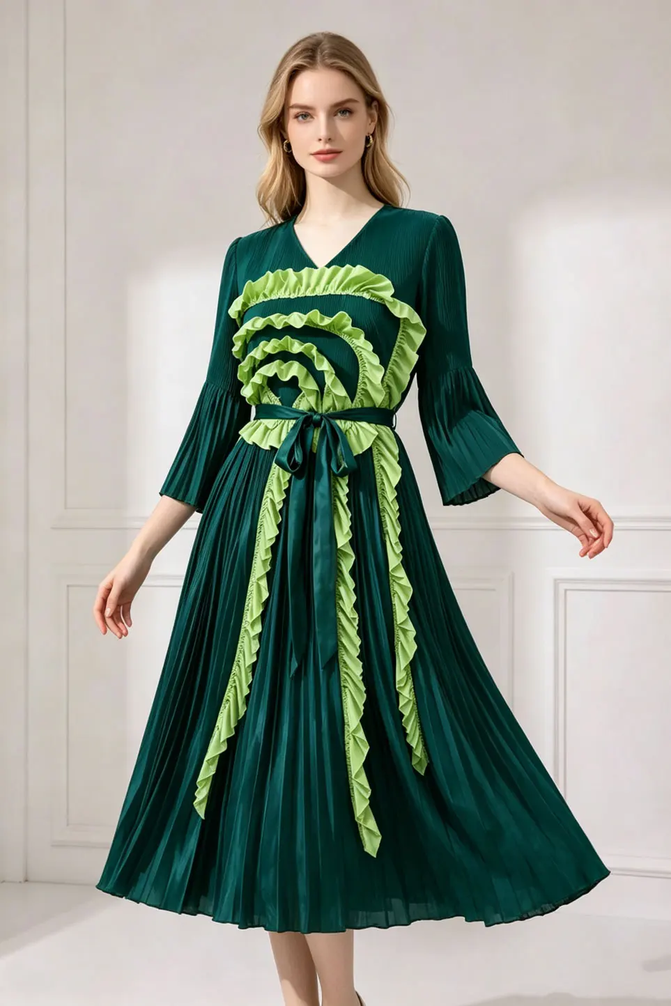 Women Miyake Pleated Midi Dress V Neck 3/4 Flare Sleeve Ruffle Tiered Dress High Waist Bow Tie Waist Elegant Party Holiday Dress