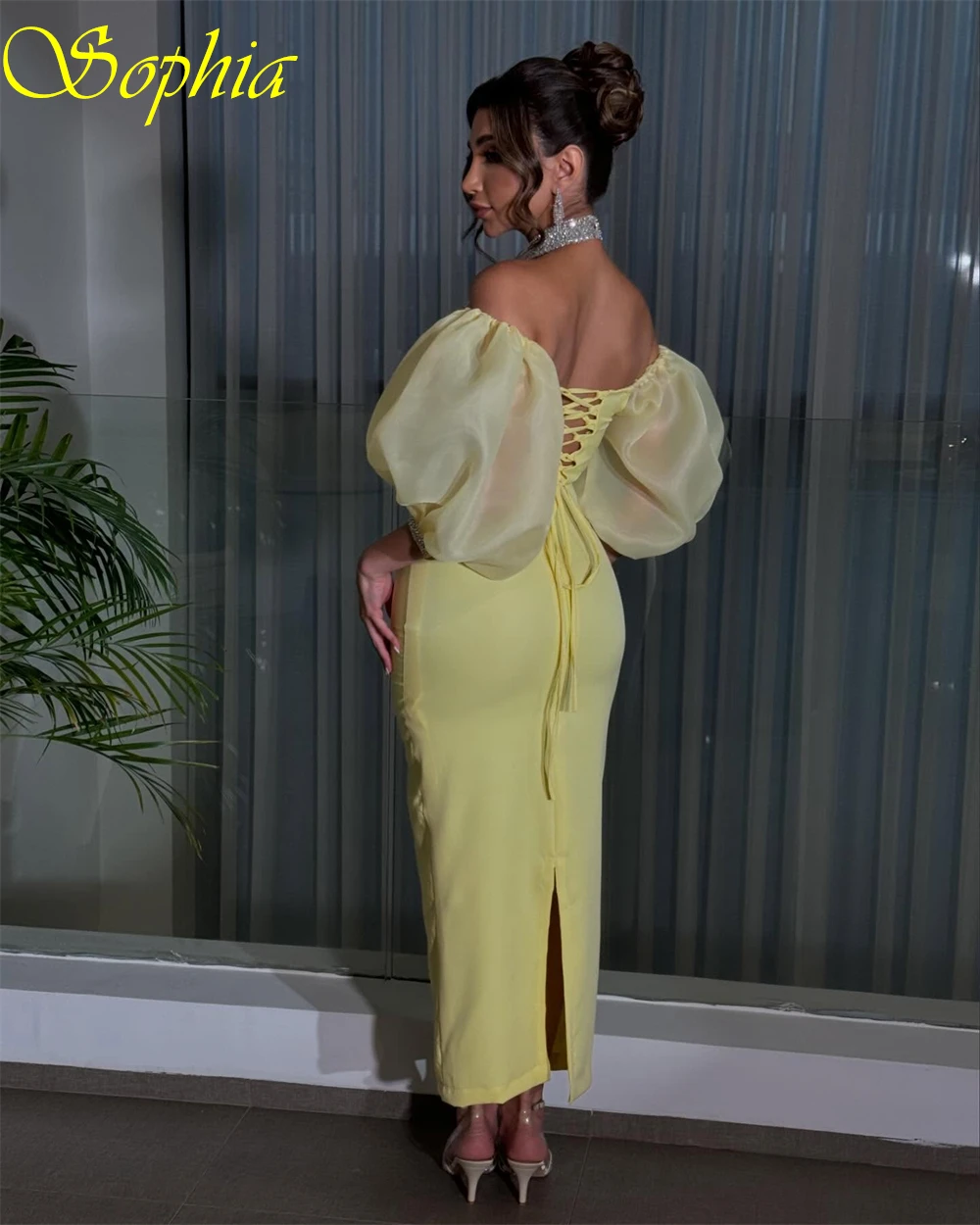 Robe de soirée en Jersey jaune, personnalisée, élégante, col licou, manches courtes, robe de soirée classique, style sirène, dos à lacets, robes de bal