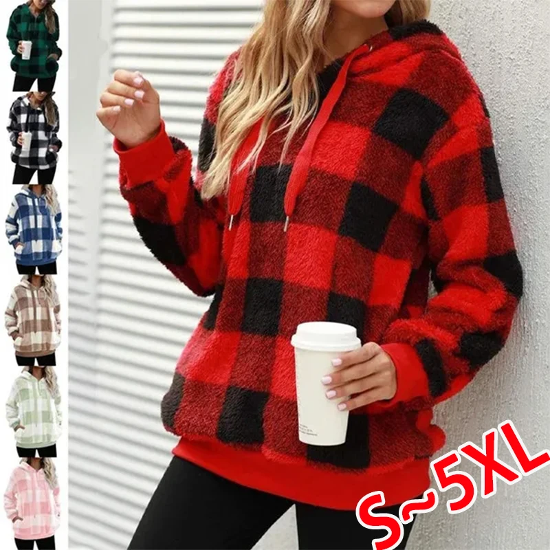 Women's Fashion Checkered Round Neck Pullover Casual Long sleeved Plush Hoodie Artificial Wool Pullover with Pocket Hoodie