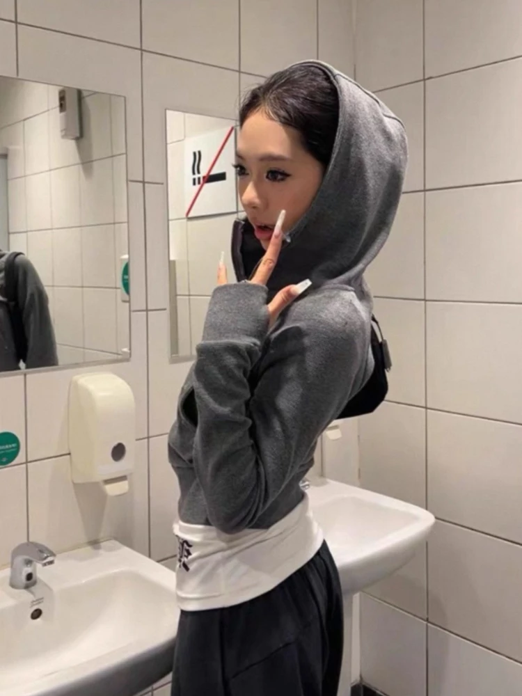 American retro double zipper women's cardigan slim fit hooded sweatshirt autumn and winter spicy girl trend top millennium style