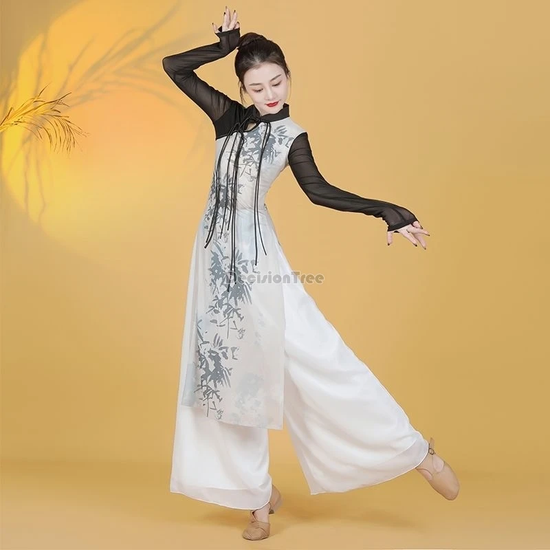 

2024 chinese style classical dance qipao set improved bamboo printing patchwork button tasse qipao top fairy elastic waist pants