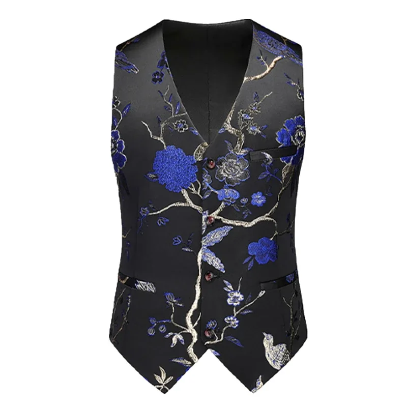 Rose Embroidered Sleeveless Vest Jacket Men\'s Single-breasted V-neck Vests Wedding Party Waistcoat Red Blue Green Gold M-5XL 6XL