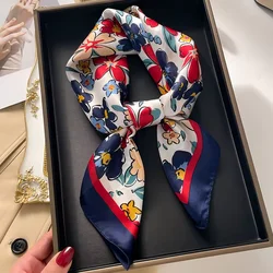 Women Scarf Luxury 2024 Floral Print Square Silk Hijab Hair Bands Neckerchief Fashion tieFemale Satin Shawl Ribbon Headband