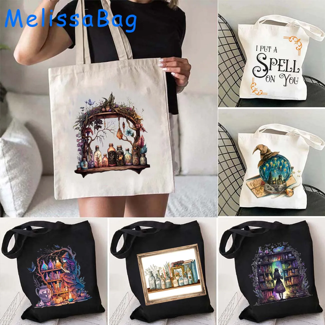 Bohe Witchy Apothecary Graffiti Cartoon Aesthetic Books Lover Bookish Floral Library Bookshelf Canvas Shoulder Tote Bag Handbags