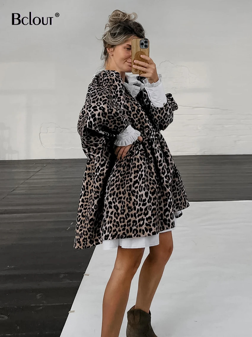 Bclout Fashion Ruffeld Leopard Dress Women 2024 Elegant Patchwork Puff Sleeve Loose Dresses Casual Print Pleated A-Line Dresses