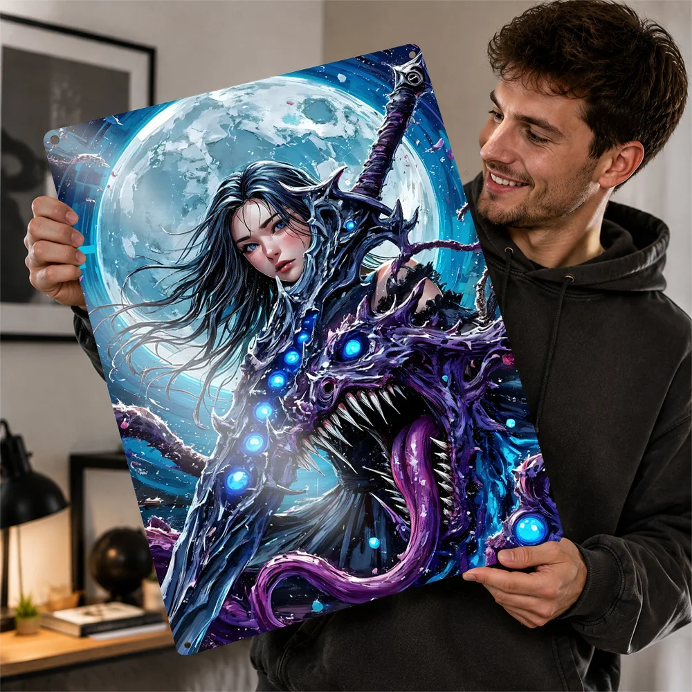 Fantasy Warrior With Monster Sword Textured Poster Personalized Aluminum Metal Sign Dark Gothic Style Wall Art Game Room Decor