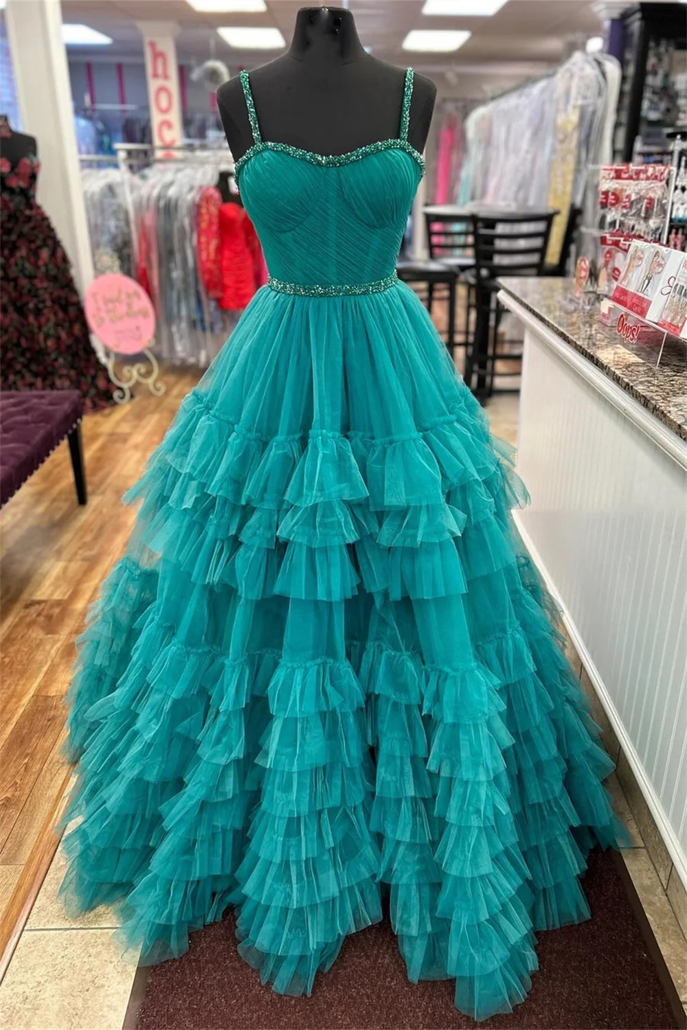 Vestido de graduación sin tirantes con tirantes finos de cuentas, volantes escalonados, Espalda descubierta, fiesta de noche Formal, corsé transparente, línea A, vestidos largos de baile