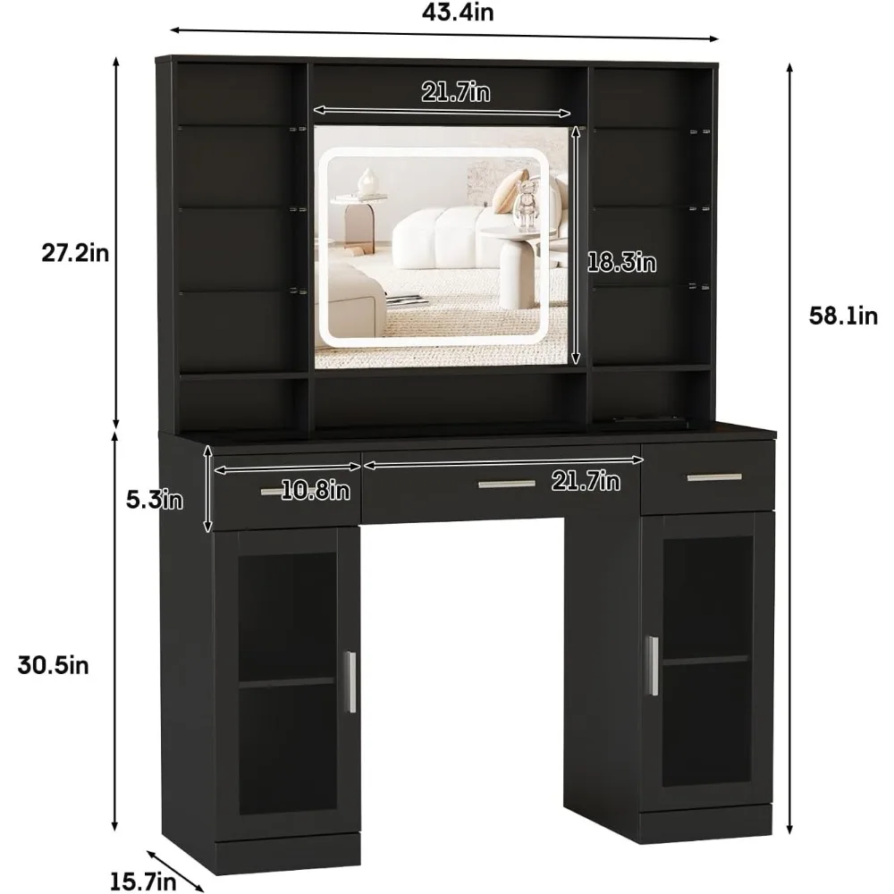 Vaidade de maquiagem com luzes, mesa de vaidade de 43,4 polegadas com tira elétrica, 3 gavetas e 2 armários Mesa de maquiagem com espelho iluminado