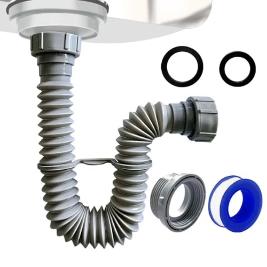 

Sink Drain Pipe 1-1/2", Flexible Drain Pipe, 7.5"-17.7" Expandable Flexible P Trap for Bathroom and Kitchen, Under Sink Plumbin