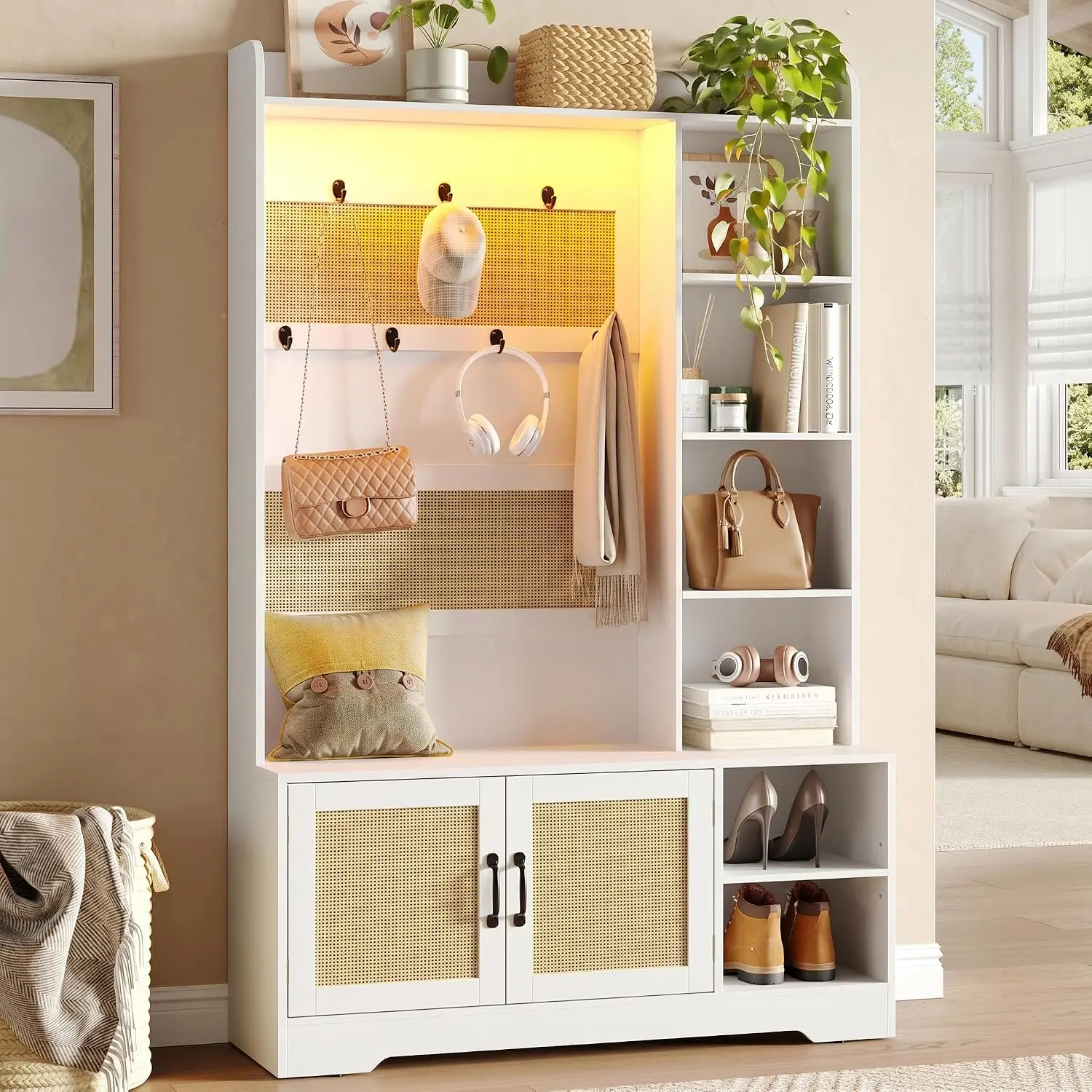 Boho Rattan Hall Tree LED Light, 4-in-1 Entryway Shoe Cabinet Coat Rack Bench Hidden Storage, Freestanding , Customized