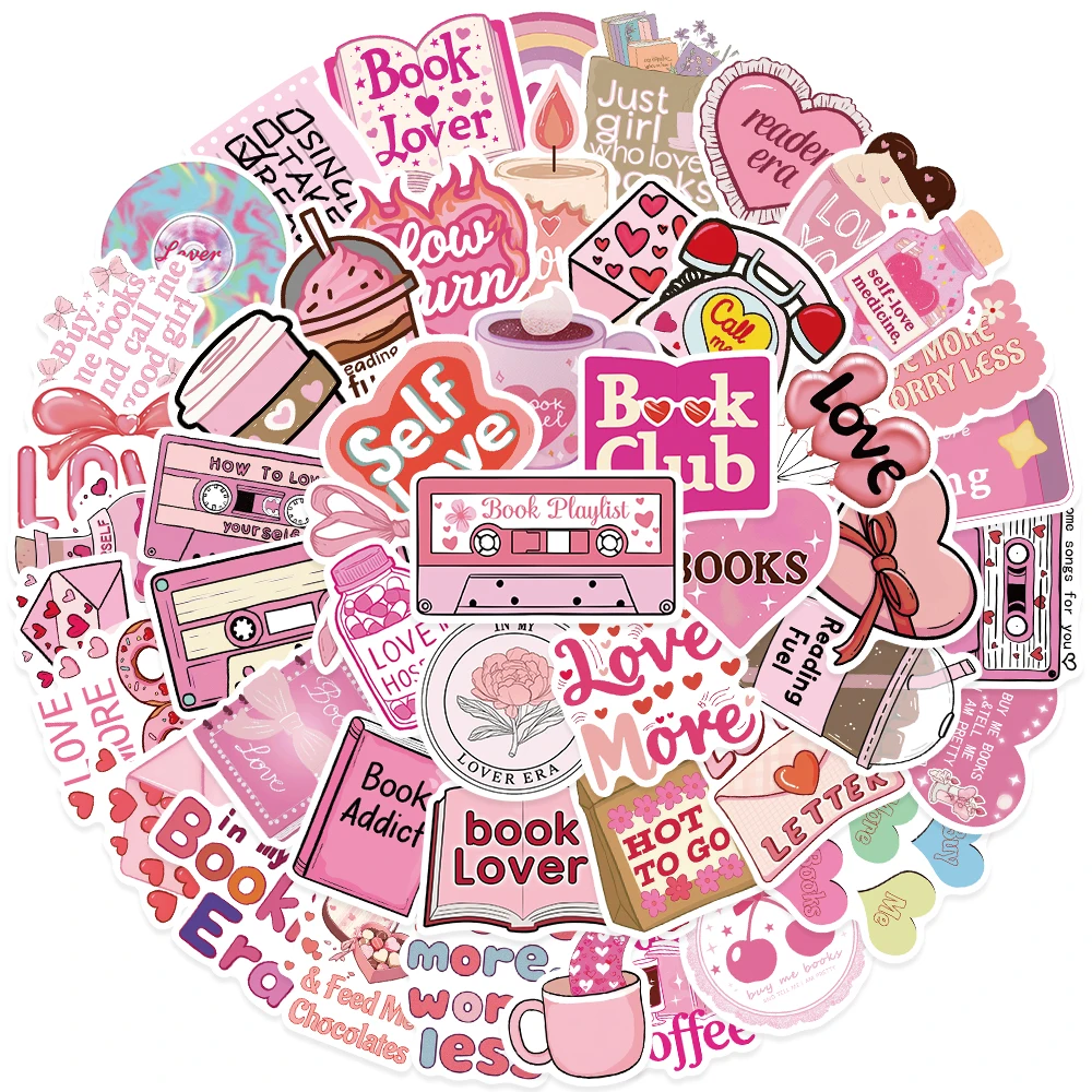 50pcs Cartoon Pink Girls Reading Book Lover Stickers For Laptop Luggage Water Bottle Scrapbook Phone Waterproof Vinyl Decals