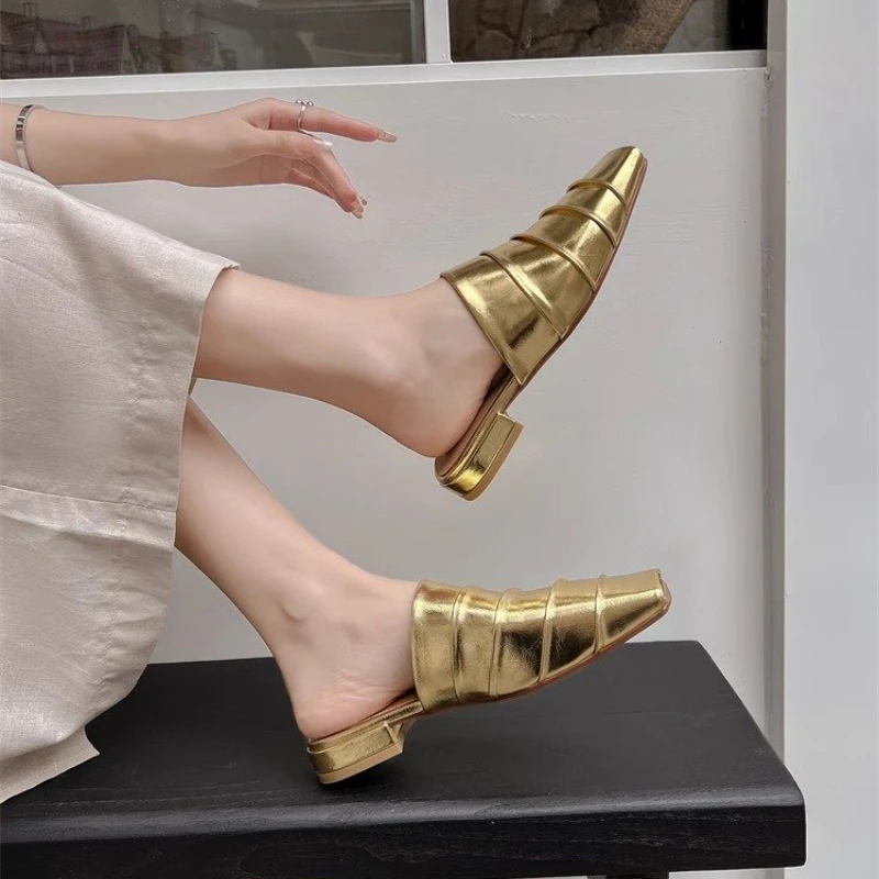 

Designer Style Summer Cover Toe Women Mules Slippers Fashion Shallow Slip on Slide Ladies Elegant Party Dress Shoes Small Heel