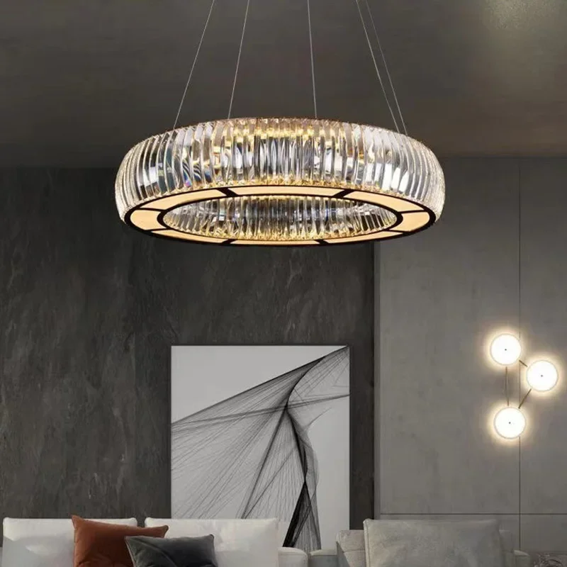 

BOSSEN Modern Crystal Hardware ring Ceiling Lamp Chandelier Dimmable Luster 3-Color Light Pendant Light for Living Room Hotel