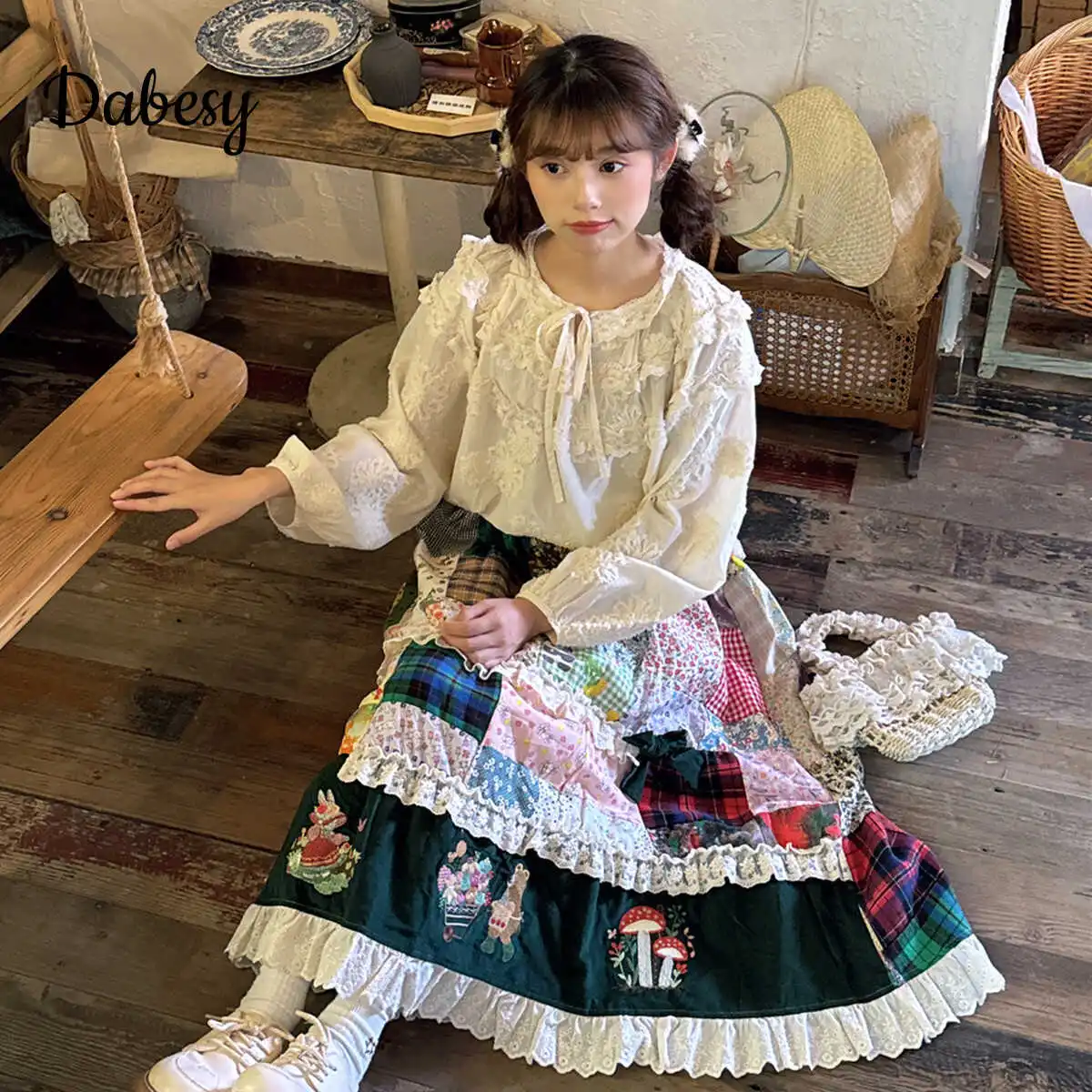 Vintage Embroidery Patchwork Green Corduroy Skirt Women Autumn Mori Girl Lace Ruffled Elastic Waist Kawaii A-Line Pleated Skirt