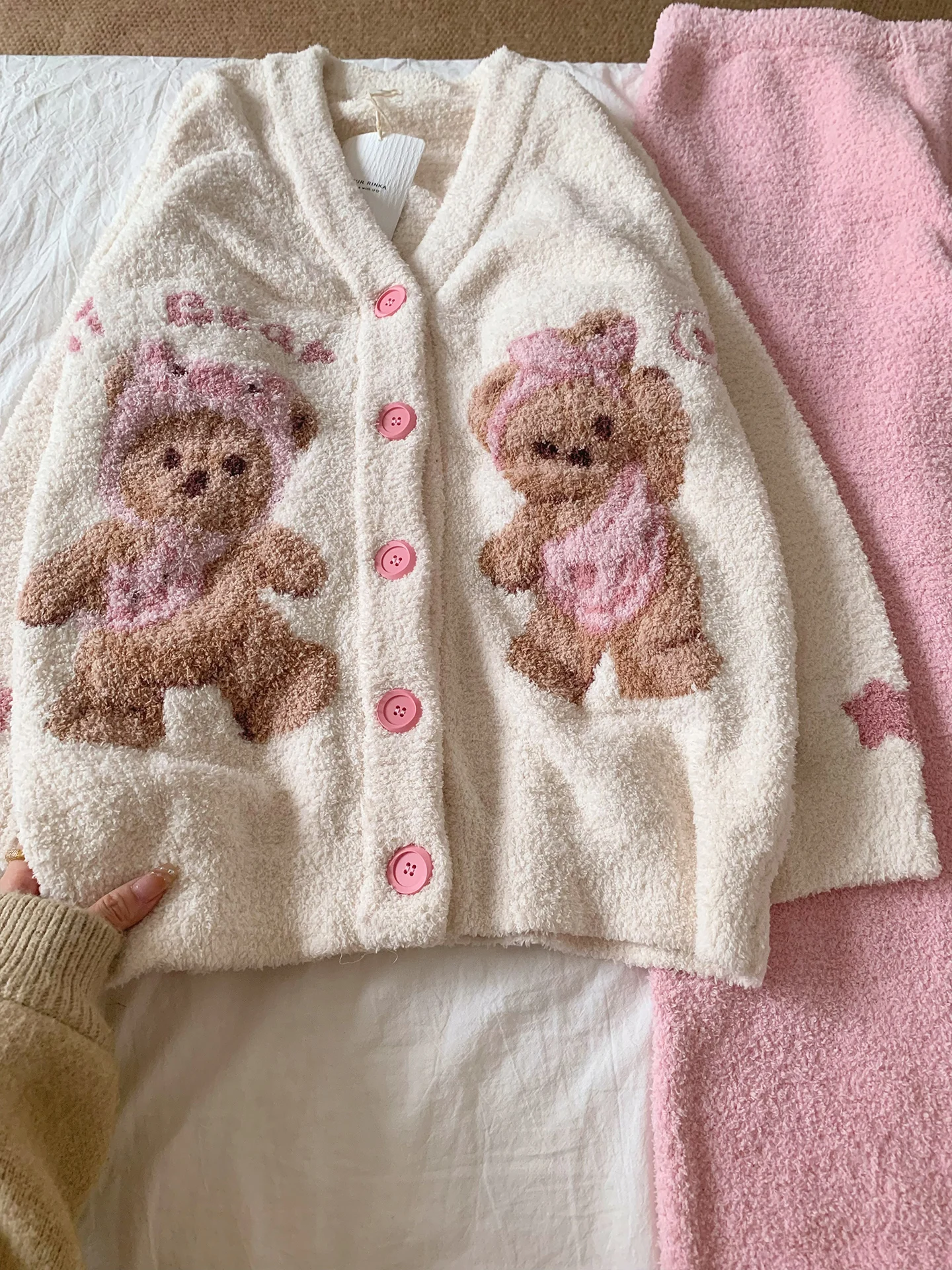 soft-plu-winter-spwear-women's-thiened-pink-bear-embroidery-warm-home-clothes-set-f-velvet-long-sve-loungewear
