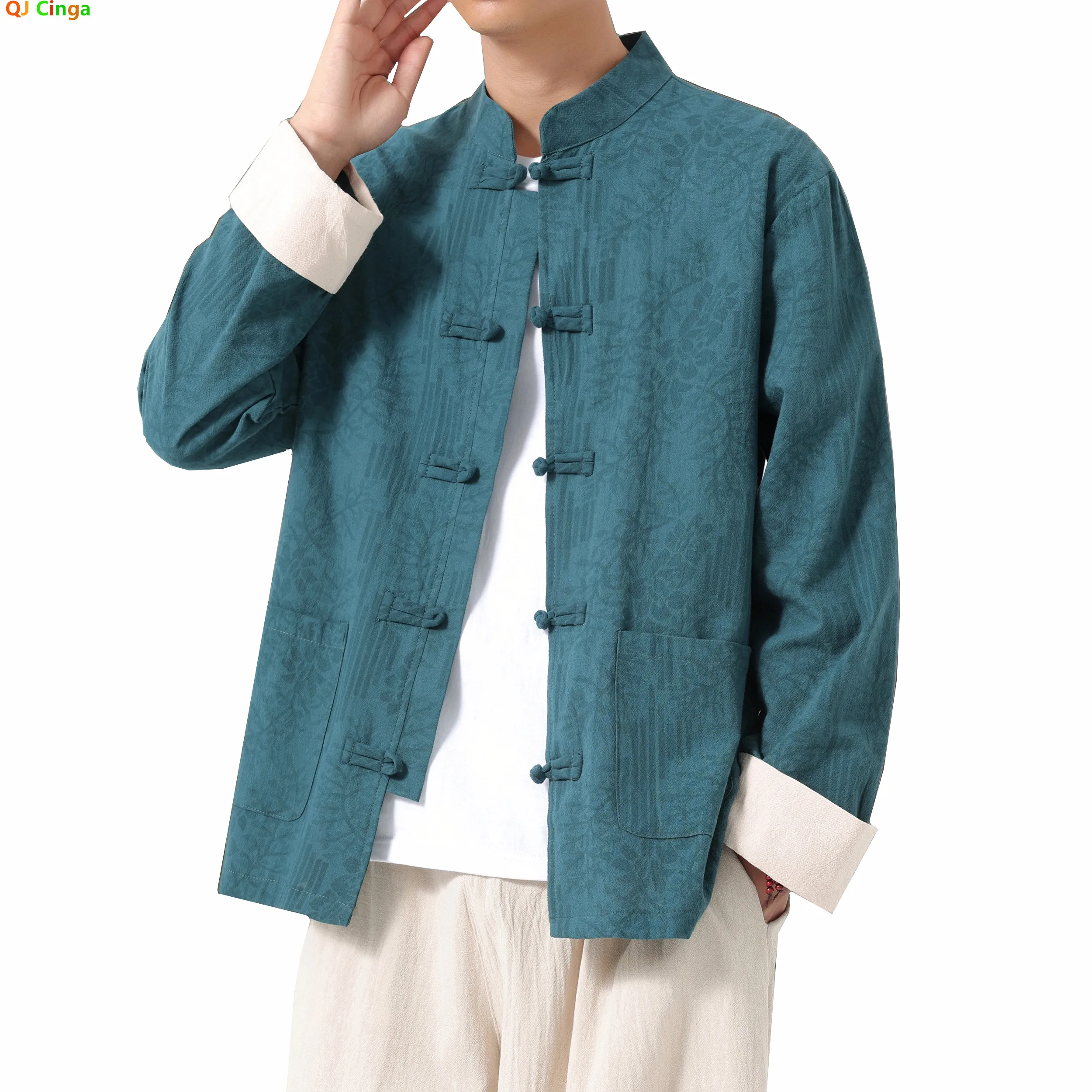 

Chinese-style Blue-Green Men's Long-sleeve Jacket, Black Single-button Stand-up Collar Printed Coat,Pink,Red,Apricot,Gray Tops.
