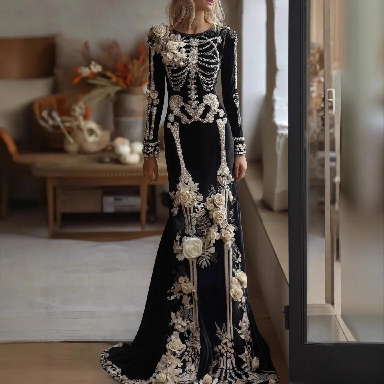 Nouvelle Robe Longue Maxi Sirène Squelette Florale pour Femme 2026, Robe de Soirée Gothique Élégante à Manches Longues pour Célébrités, Halloween et Fêtes