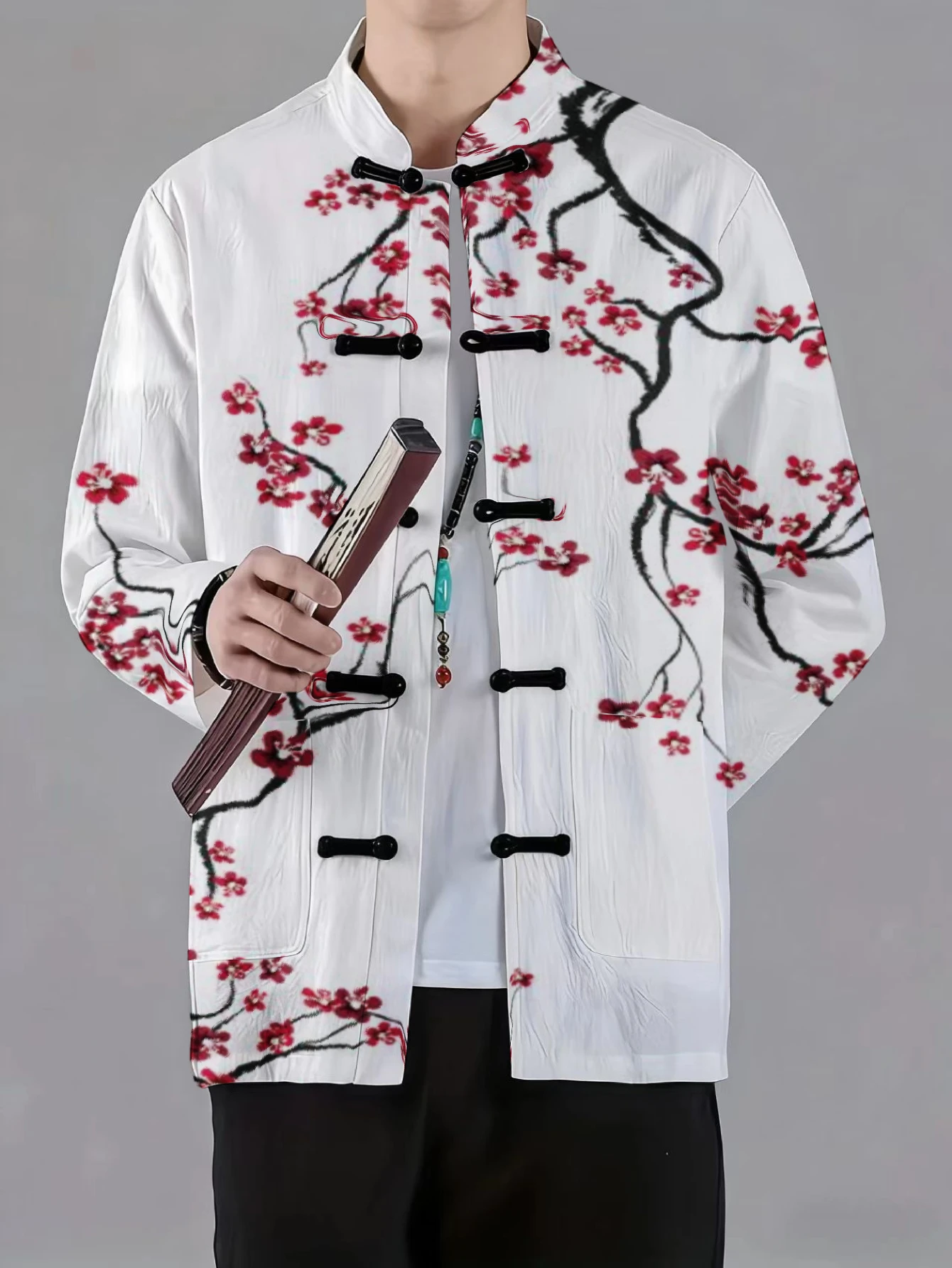 Men Men Mandarin Collar Frog Button Jacket Abstract Cat Ink Blossom Print Traditional Outerwear - Aliexpress Deal