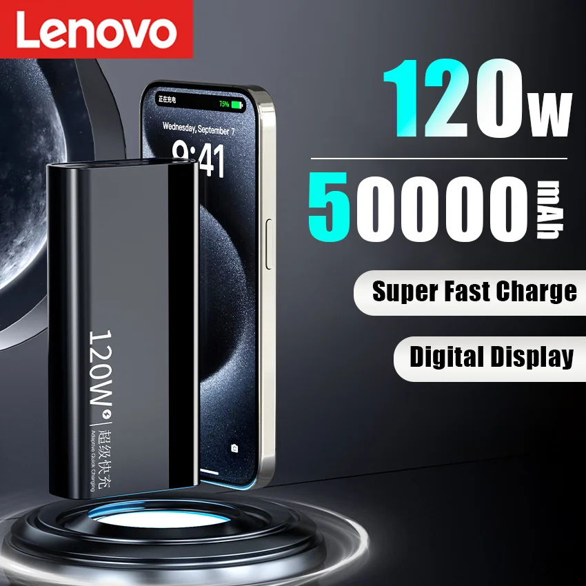 Lenovo New 120W  Fast Charge Powerbank 50000mAh High Capacity Power Bank Portable Battery Charger For iPhone Samsung Huawei