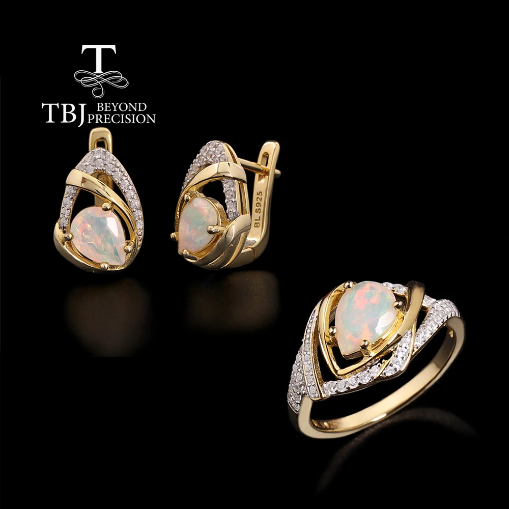 

Light luxury 925 sterling silver women's jewelry set natural opal pear 6*8mm gemstones earrings ring for Birthday Banquet wear