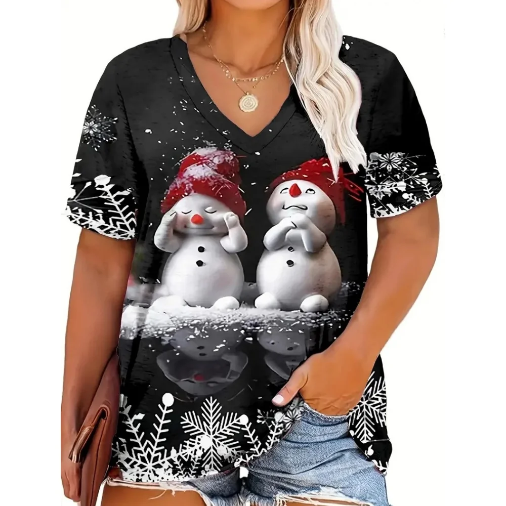 Christmas Day Snowmen 3D Print T-shirt Women Streetwear Casual T Shirts Y2k Tops Woman Harajuku V-Neck Tees Oversized Clothing