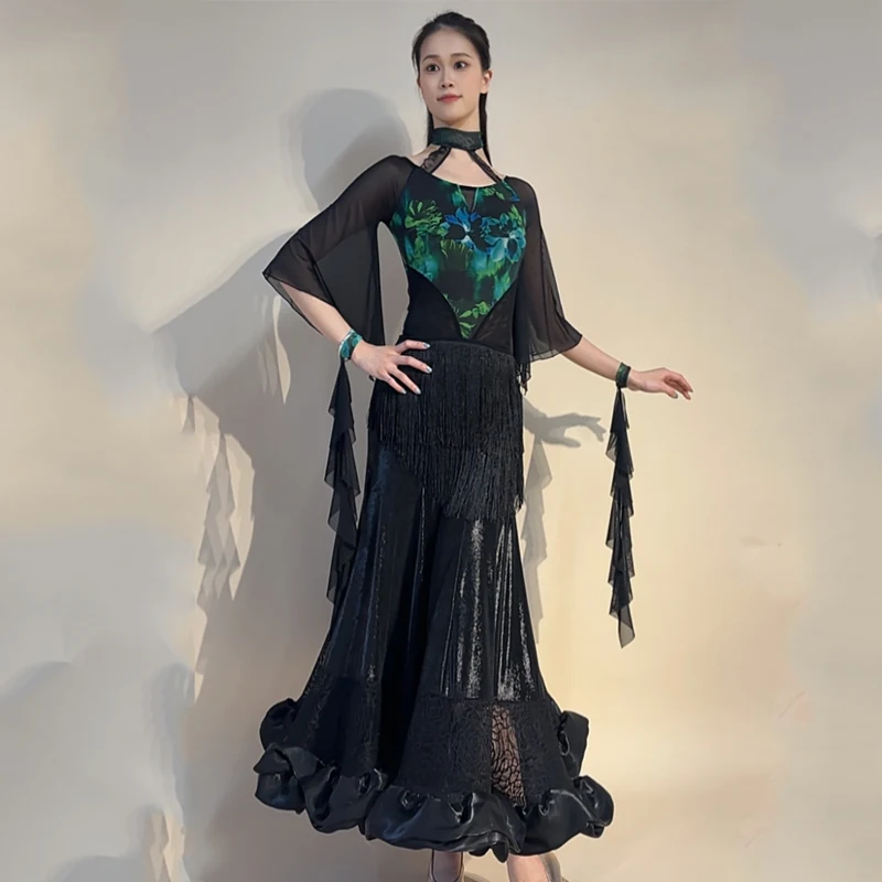 

2026 New Modern Dance Performance Dress For Women Mesh Sleeved Waltz Salsa Stage Costumes Adult Ballroom Dance Dress XH4865
