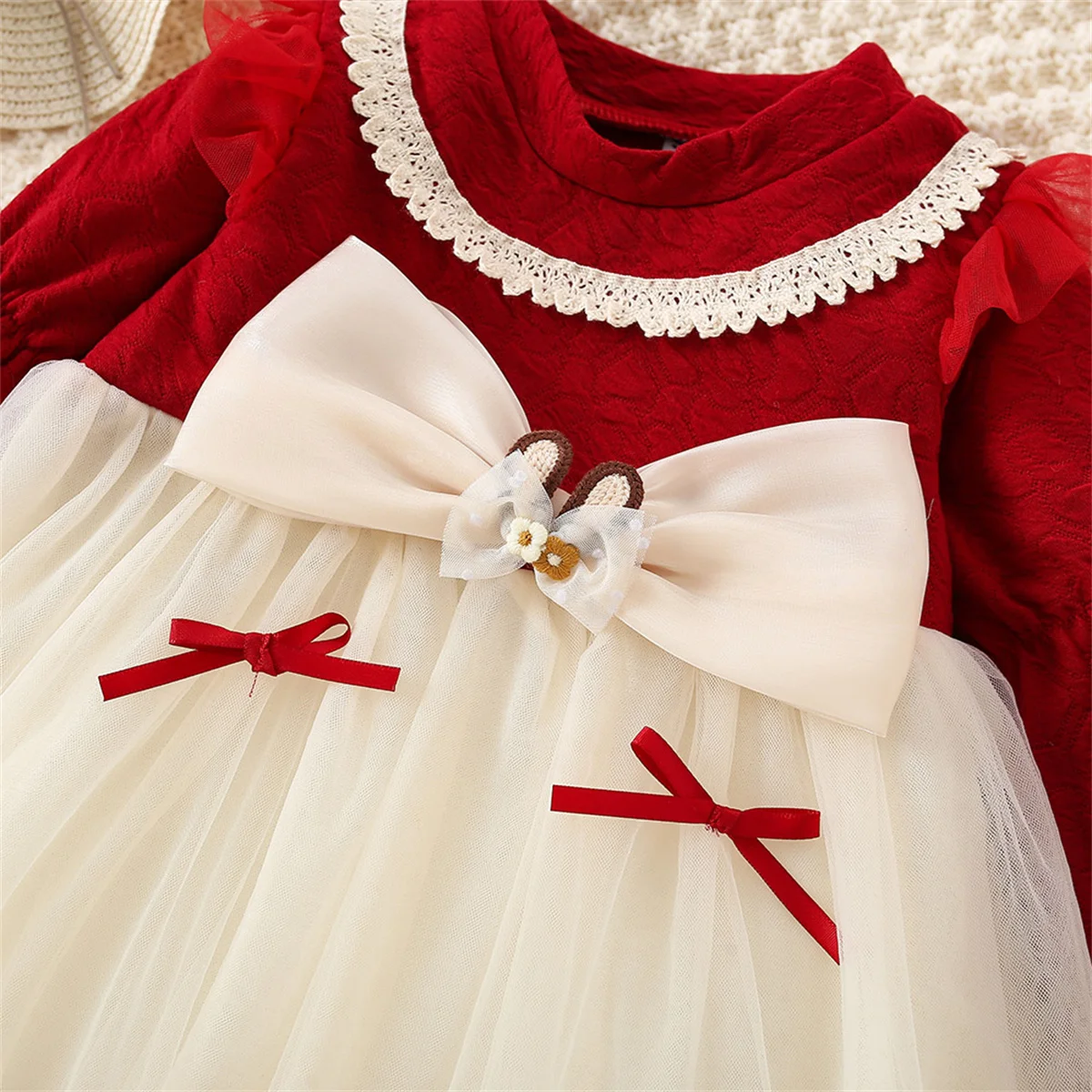 Baby Girl Christmas Dress Baby Princess Birthday Red Long Sleeve Dress Spring And Autumn Bow Mesh Sweet Children\'S Clothing