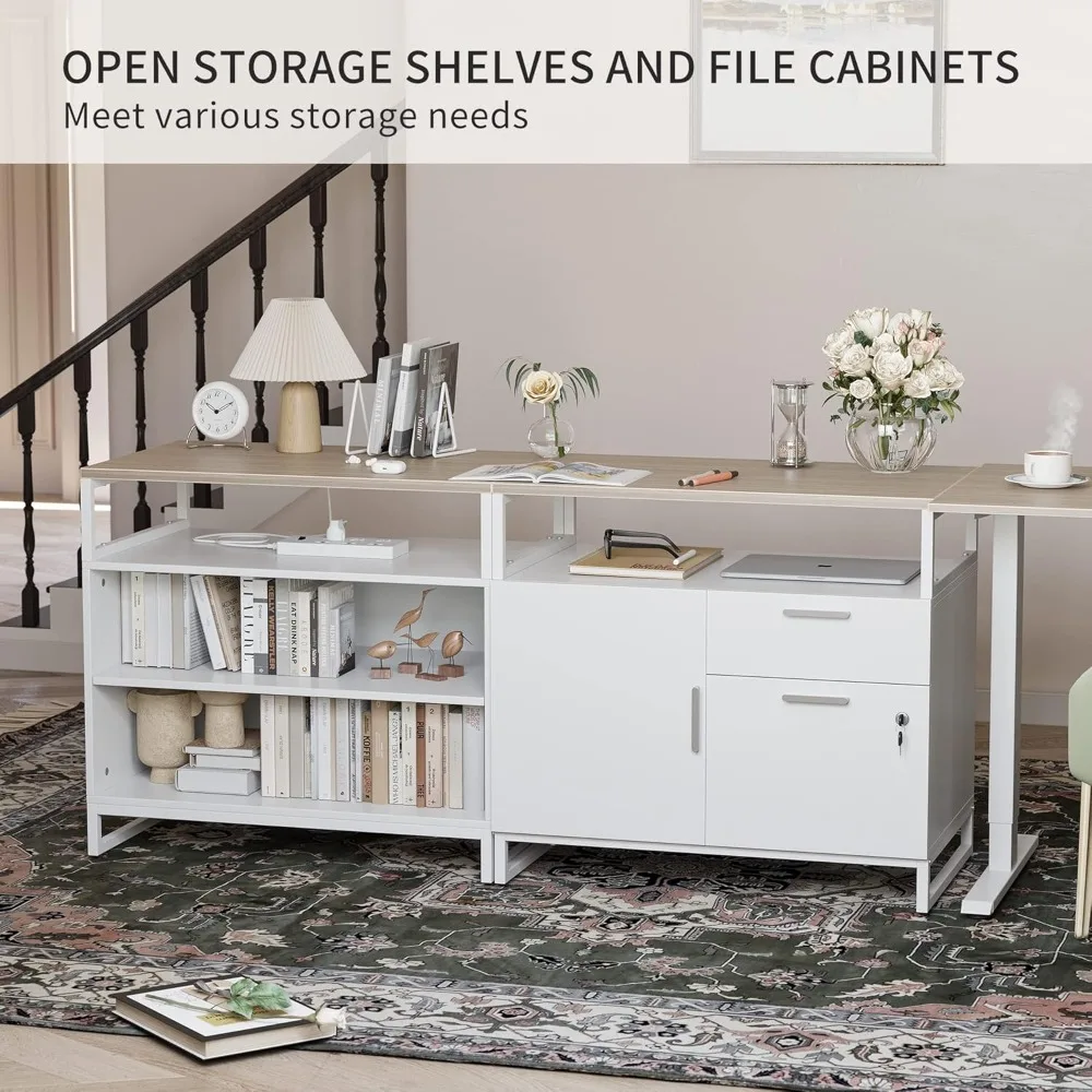 مكتب قائم على شكل حرف L مقاس 66 بوصة مع أدراج وأرفف، مكتب تنفيذي بارتفاع قابل للتعديل، جزء علوي من خشب الجوز الخفيف/أبيض Fr