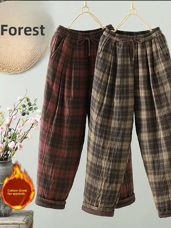 

Утепленные теплые повседневные брюки в клетку для женщин больших размеров, хлопковые брюки-харланы с высокой талией, карманами и обычными рукавами, зимняя одежда