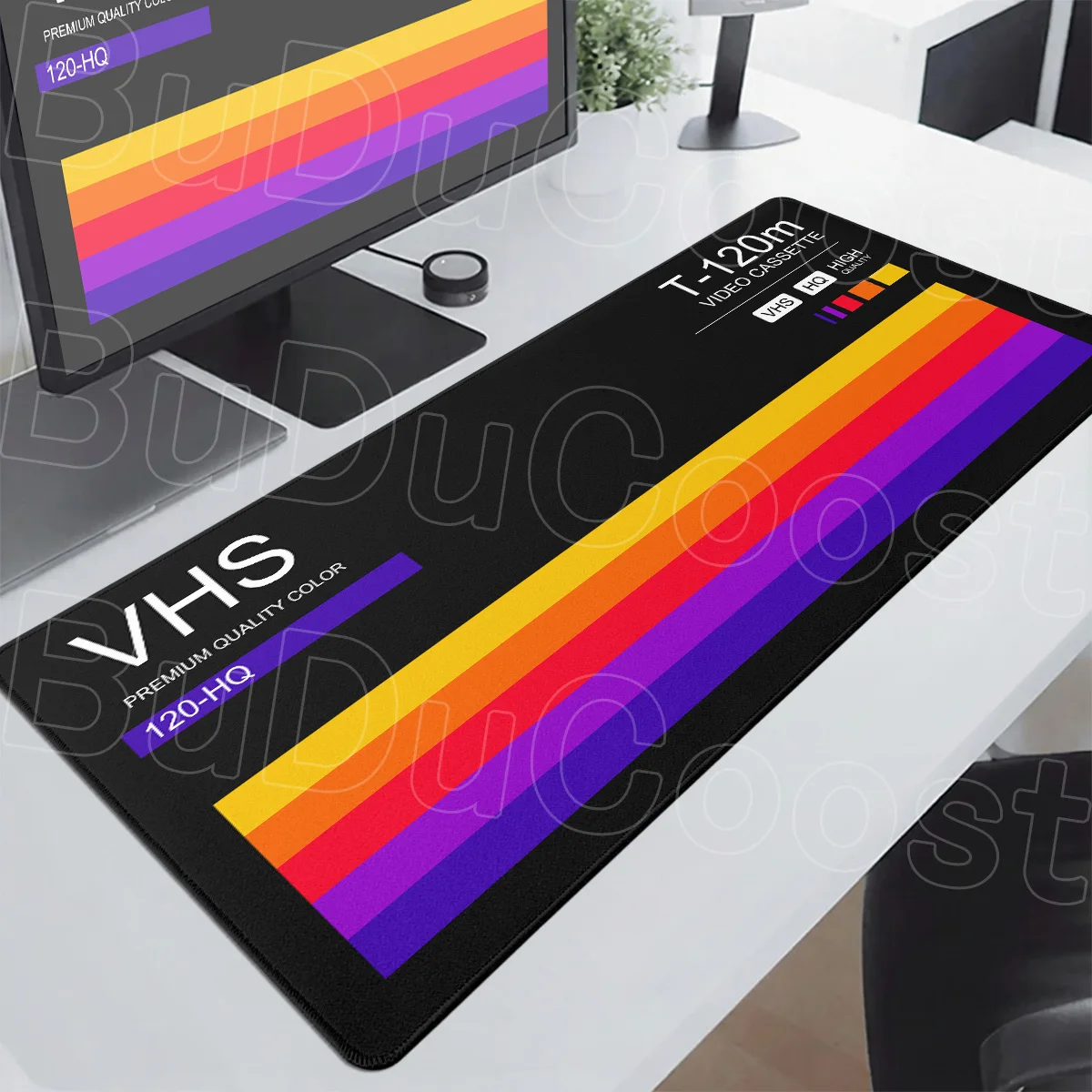 Mousepad Gamer Grande com Borda Costurada, Design Retrô VHS, Minimalista Preto para Escritório, Acessório para PC e Jogos