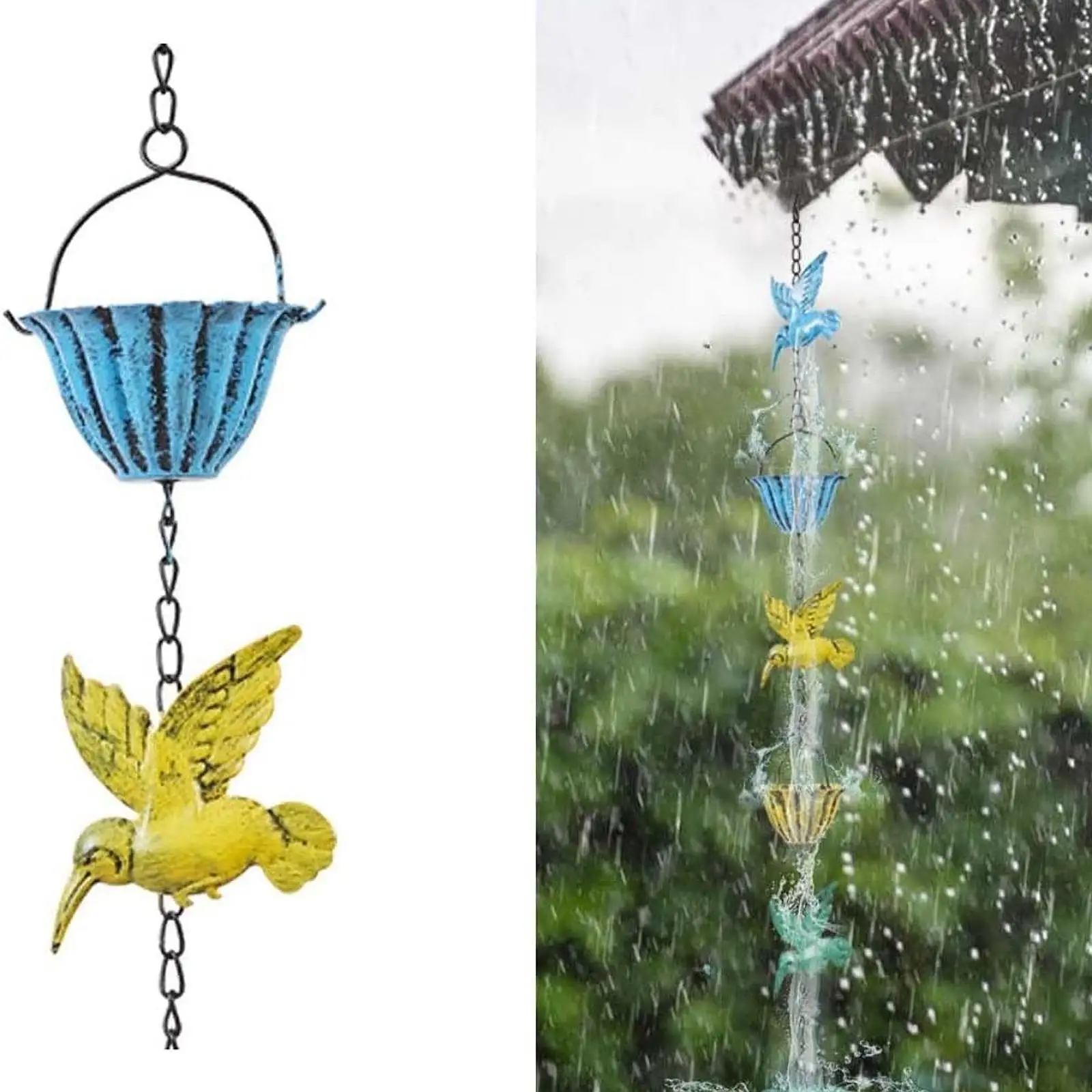 Decorative Rain Chain Iron Hummingbird and Cup Set Gutter Adapter for Outdoor Roof Windows Doors and Eaves