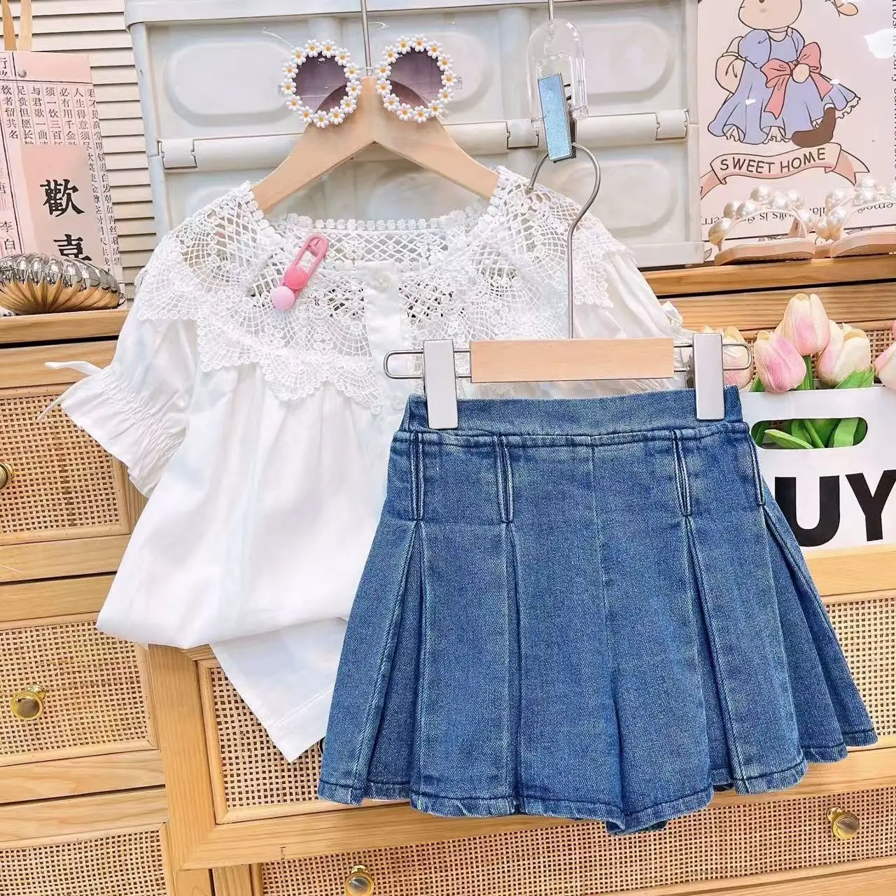 

2025 Girls Summer Children's Clothing New Lace Doll Shirt Top Plus Denim Half-body Skirt Two-piece Set 100-140cm