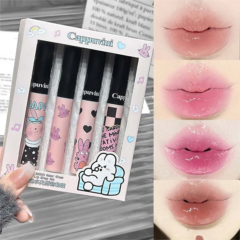 Czterokolorowy zestaw błyszczyków do ust Happy Rabbit Water Gloss Lekka i gładka konsystencja Nawilżająca, łatwa do pokolorowania pomadka do ust