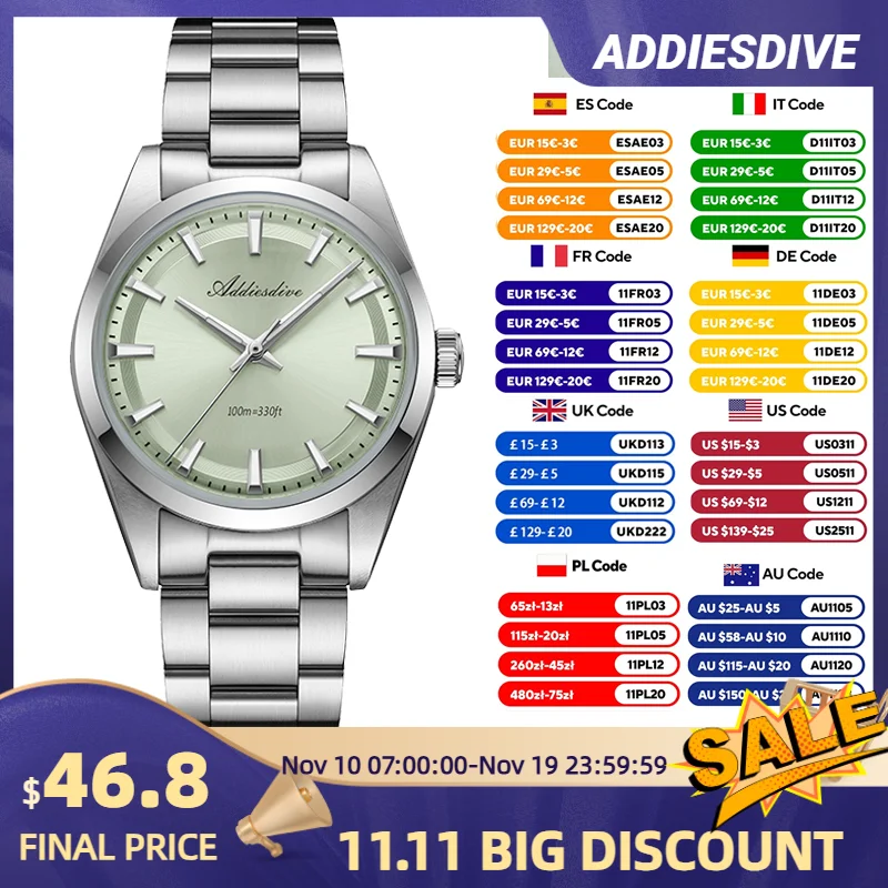 ساعة أديس ديف للرجال طلاء AR زجاج مقبب مينا أخضر نعناعي 100 متر غوص 316L ستانلس ستيل مضيئة VH31 ساعة كوارتز جديدة
