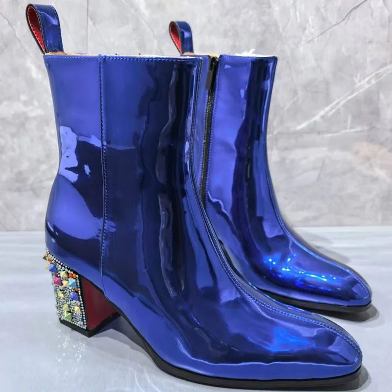 Rhinestone High Heel Ankle Boots For Men Blue Patent Leather Boots Fashion Pointed Toe Winter Shoes Men Casual Rivet Boots