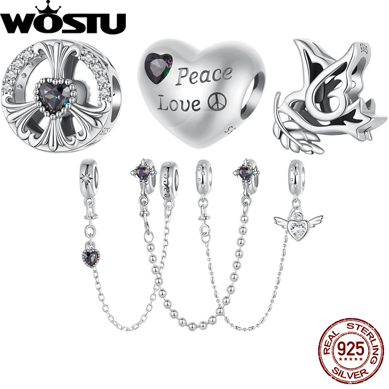 WOSTU Original 925 Sterling Silver Retro Peace & Love Charms Dove Beads Silicone Safety Chain Fit for Women Bracelet Anti-war