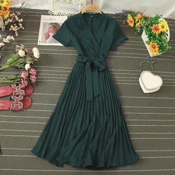 2026 New Summer Fashion Solid V-neck short sleeved Dress Female Casual High waisted lace up pleated chiffon Dress