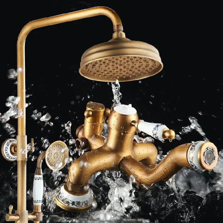 Vidric Shower Faucets Antique Color Shower Tap Wall Mounted Rain Shower Set Bathtub Faucet Brass Rainfall Crane For Bathroom